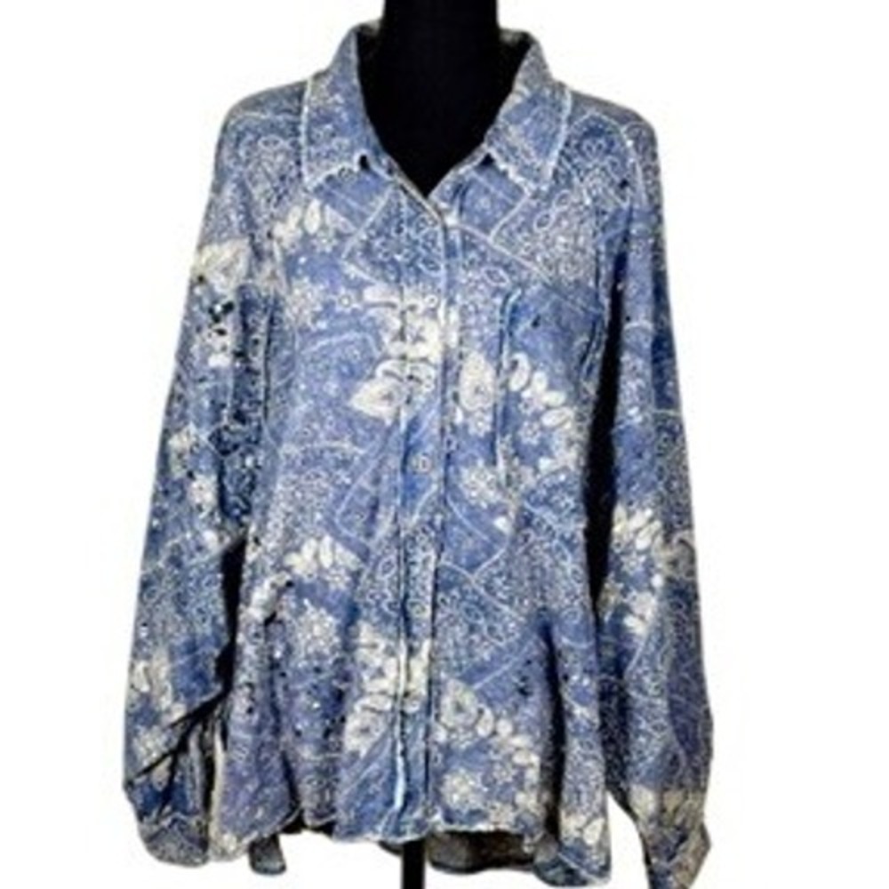 BAD LITTLE COUNTRY GIRL Blue Paisley Sequins Distressed ButtonUp Shirt L western
